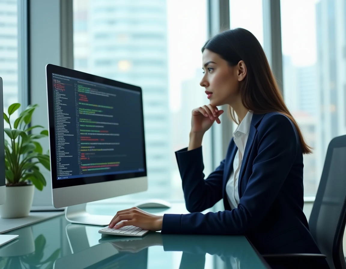 Femme analysant des erreurs de réseau et de DNS sur un double écran dans un bureau moderne