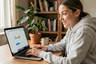 Jeune femme amusée découvrant l'easter egg Do a Barrel Roll sur Google depuis son bureau à domicile