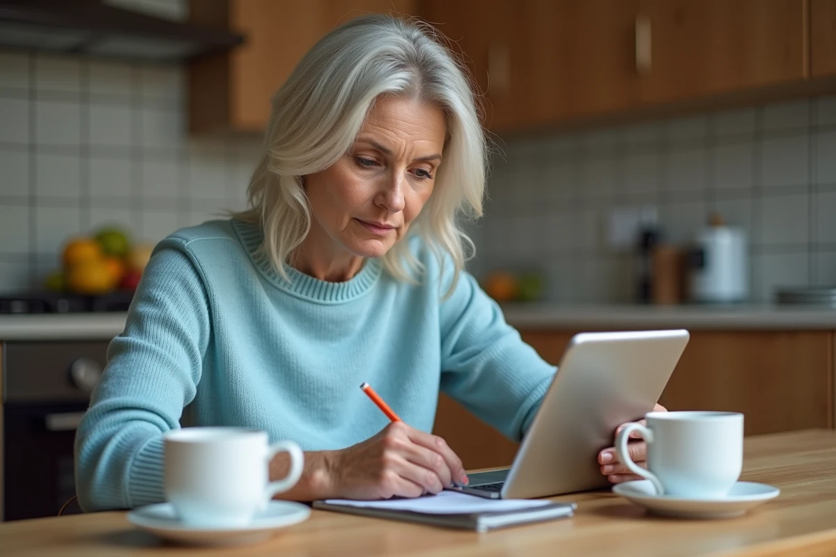 Femme explorant YouTube MP3 sur tablette dans la cuisine