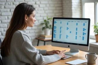 Femme concentrée dans un bureau à domicile pointant vers un tableur Excel avec des cellules figées en surbrillance sur un ordinateur portable