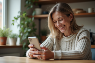 Femme souriante testant un filtre vieillissement sur smartphone