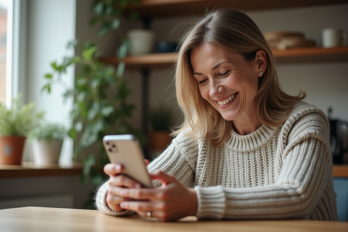 Femme souriante testant un filtre vieillissement sur smartphone