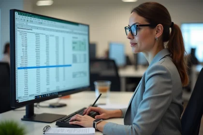 Femme professionnelle utilisant des formules de date et la fonction SI dans Excel sur un grand écran de bureau