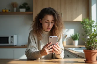 Jeune femme frustrée regardant son smartphone avec un GIF déformé