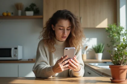 Jeune femme frustrée regardant son smartphone avec un GIF déformé