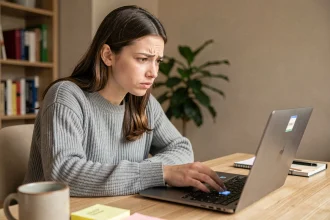 Femme frustrée appuyant sur la touche Shift d'un clavier d'ordinateur portable qui ne répond plus dans un bureau à domicile