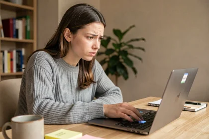 Femme frustrée appuyant sur la touche Shift d'un clavier d'ordinateur portable qui ne répond plus dans un bureau à domicile