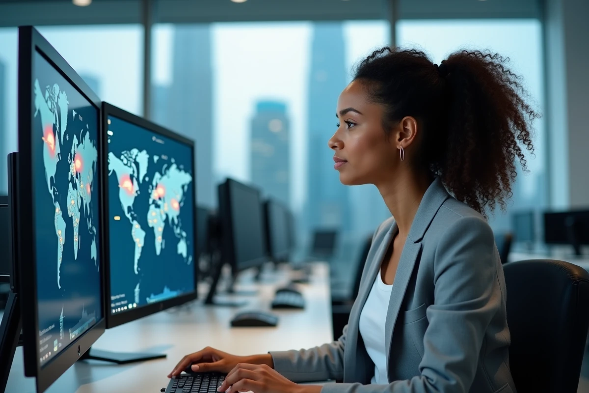 Femme professionnelle consultant une carte de géolocalisation IP sur double écran dans un bureau moderne