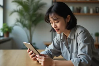 Femme tenant un iPhone 14 Pro reconditionné et comparant les offres sur l'écran
