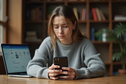 Femme inquiète devant un iPhone éteint posé sur un bureau en bois, tentant de récupérer des photos supprimées définitivement