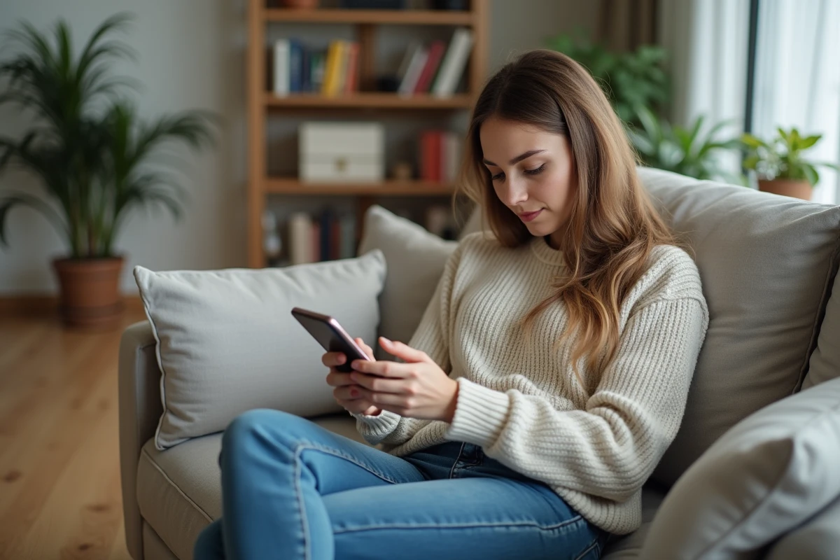 Jeune femme joue à un jeu mobile dans un salon lumineux