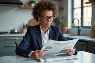 Femme d'âge moyen lisant un journal dans une cuisine moderne