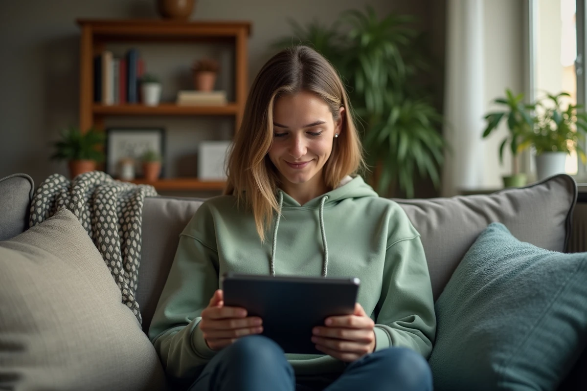 Jeune femme lisant instructions sur tablette à la maison