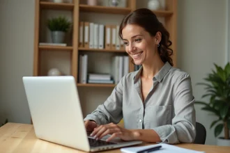 Femme organisant sa messagerie email sur un ordinateur portable dans un bureau à domicile bien rangé