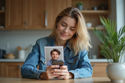Femme examine une photo d'un jeune homme dans sa cuisine