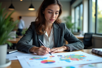 Femme en costume analysant un diagramme sémantique au bureau