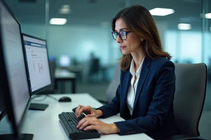Femme professionnelle en entreprise cherchant le symbole arobase sur un clavier AZERTY sécurisé