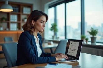 Femme professionnelle concentrée sur son ordinateur dans un bureau moderne
