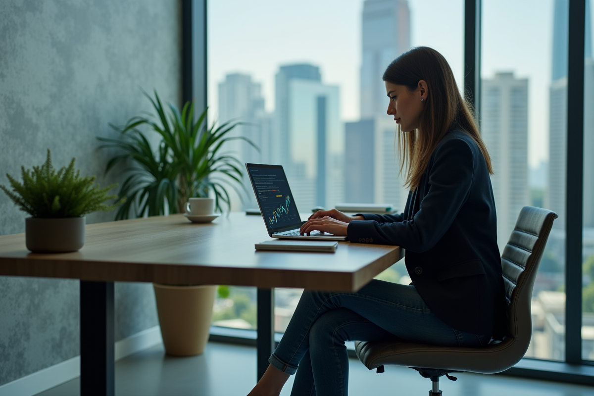 Femme professionnelle analysant un graphique blockchain sur son ordinateur