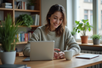 Jeune femme cherchant l'icône RSS sur son ordinateur