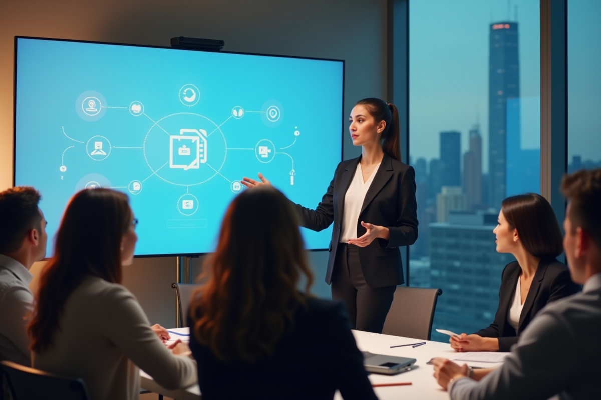 Jeune femme en réunion avec écran interactif et groupe