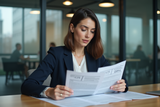 Femme en blazer examine documents GDPR au bureau