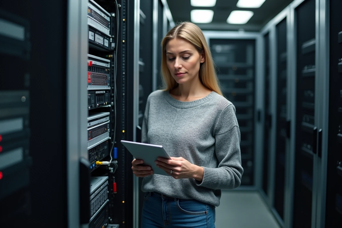 Femme vérifiant un serveur dans une salle informatique