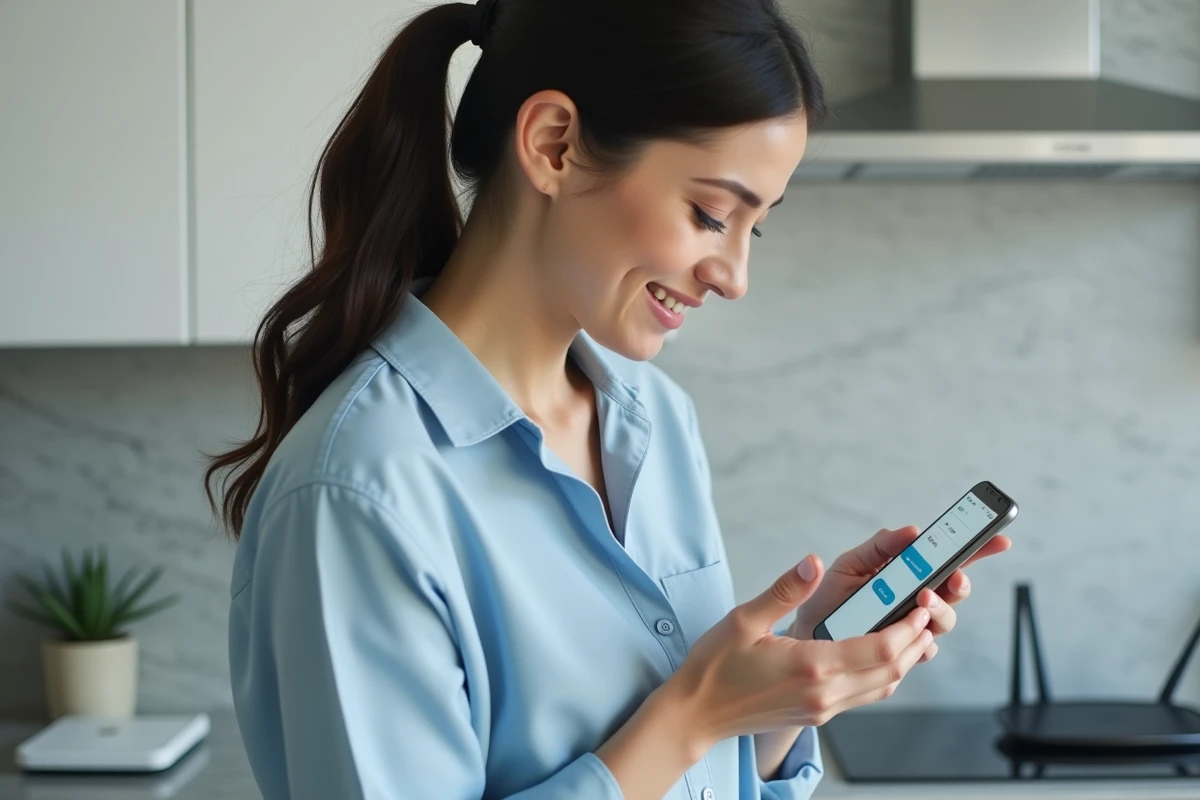 Femme consultant l'application de configuration de routeur sur smartphone pour retrouver la clé de sécurité réseau