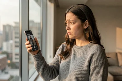 Femme frustrée regardant son smartphone affichant l'absence de réseau mobile dans un appartement moderne