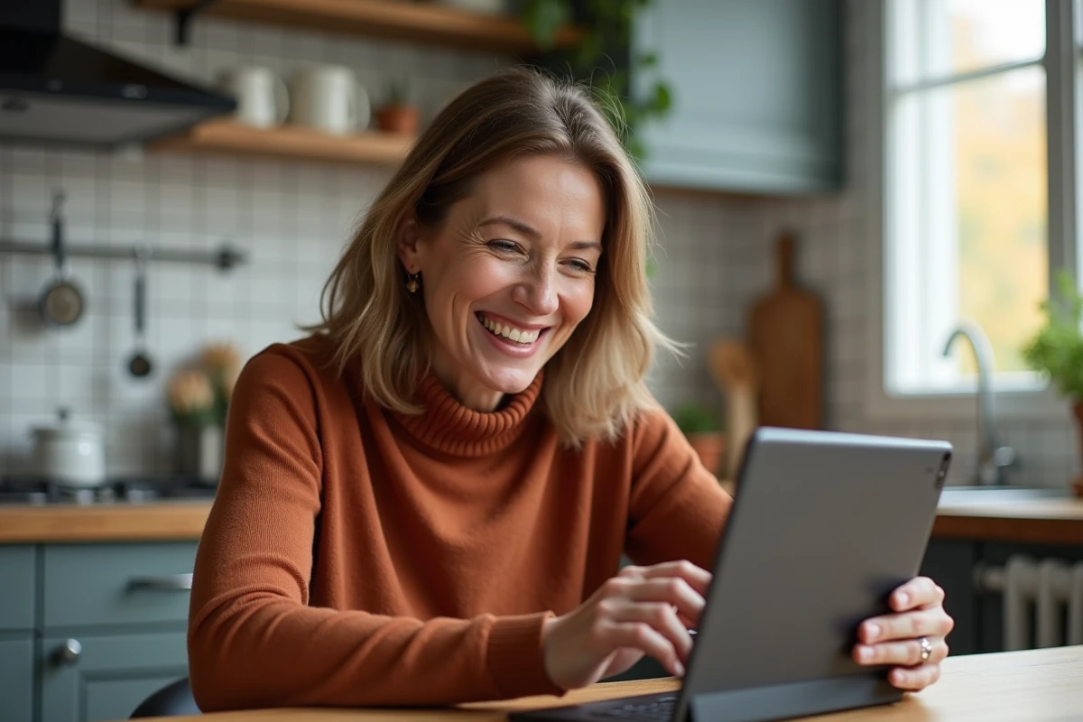Femme souriante avec tablette dans une cuisine chaleureuse