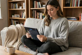 Jeune femme suivant ses séries préférées sur une tablette dans un salon cosy avec des étagères en arrière-plan