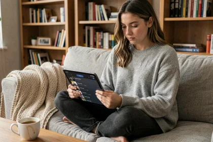 Jeune femme suivant ses séries préférées sur une tablette dans un salon cosy avec des étagères en arrière-plan