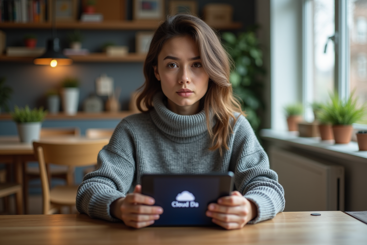 Jeune femme regarde une alerte de vulnérabilite sur sa tablette