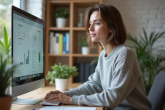 Femme en télétravail naviguant sur un portail intranet d'entreprise depuis son bureau à domicile moderne