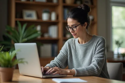 Femme en télétravail consultant ses emails professionnels sur ordinateur portable depuis son bureau à domicile
