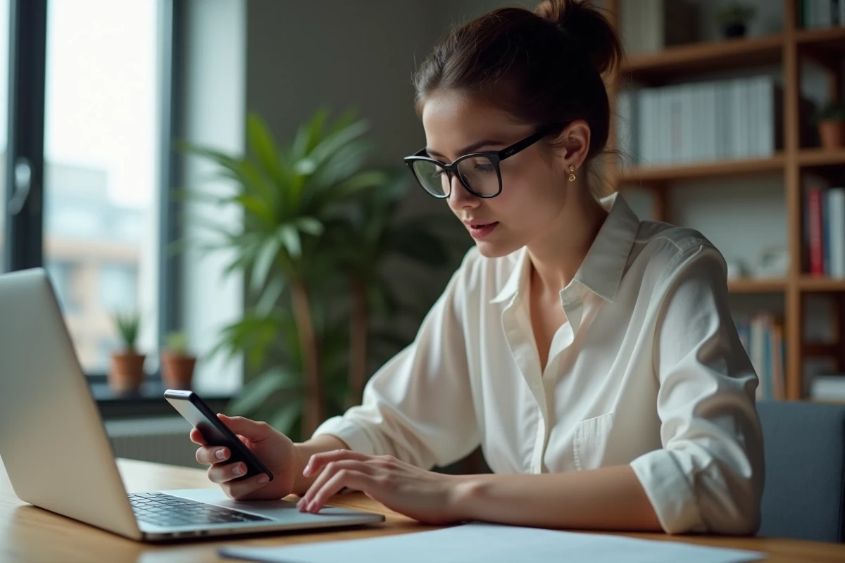 Jeune femme professionnelle compare traduction sur laptop et smartphone