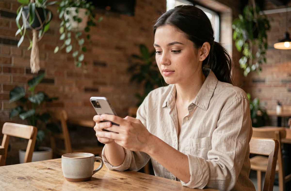 Femme utilisant un iPhone SE dans un café, tenant le smartphone entre ses mains