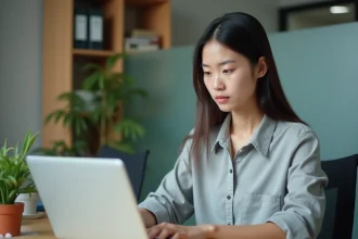 Jeune femme consultant le webmail académique sur un ordinateur portable dans un bureau universitaire