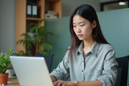 Jeune femme consultant le webmail académique sur un ordinateur portable dans un bureau universitaire