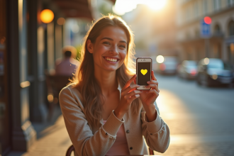 Jeune femme souriante au café tenant son smartphone avec un cœur jaune