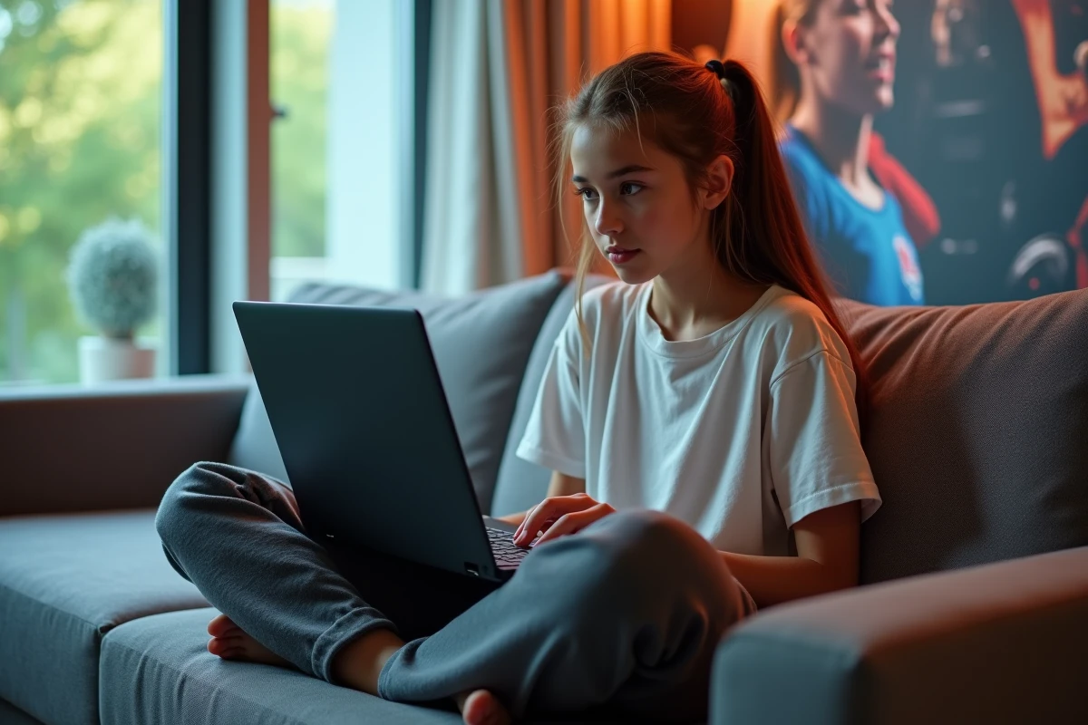 Fille adolescente jouant sur un ordinateur portable dans un salon lumineux