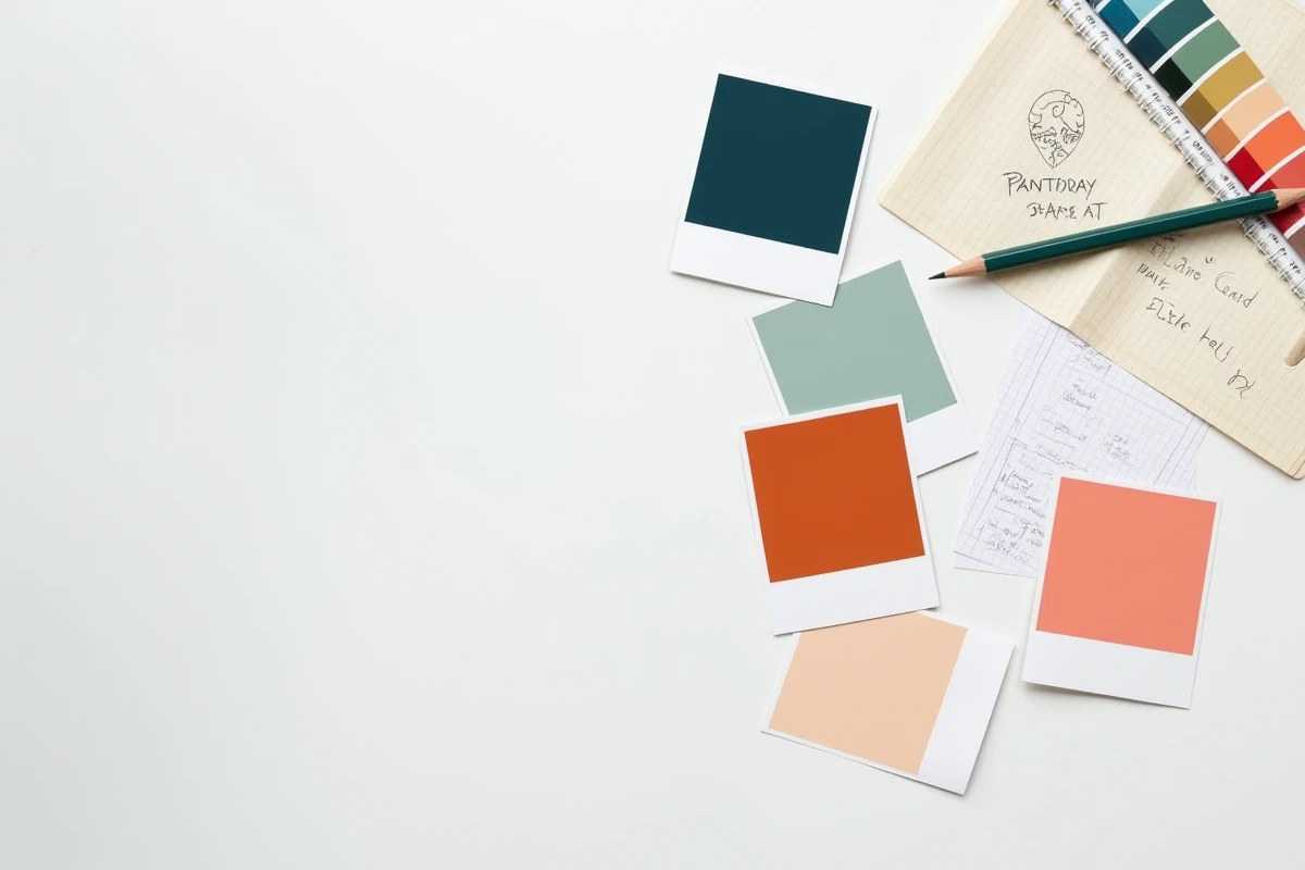 Vue aérienne de cartes de logos imprimées avec palettes de couleurs Pantone, crayon et notes manuscrites sur fond blanc