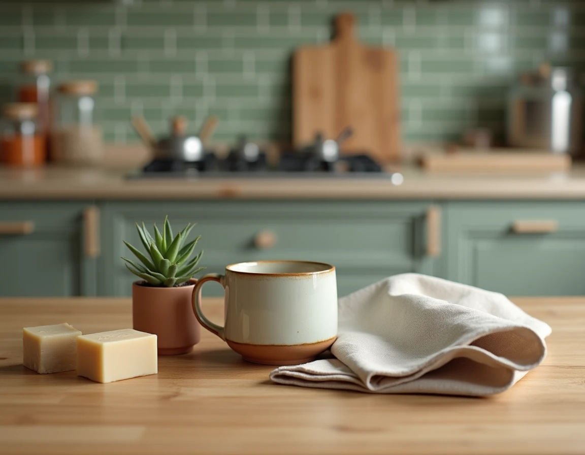 Flat lay de produits artisanaux sur une table en bois pour illustration de fiches produits e-commerce