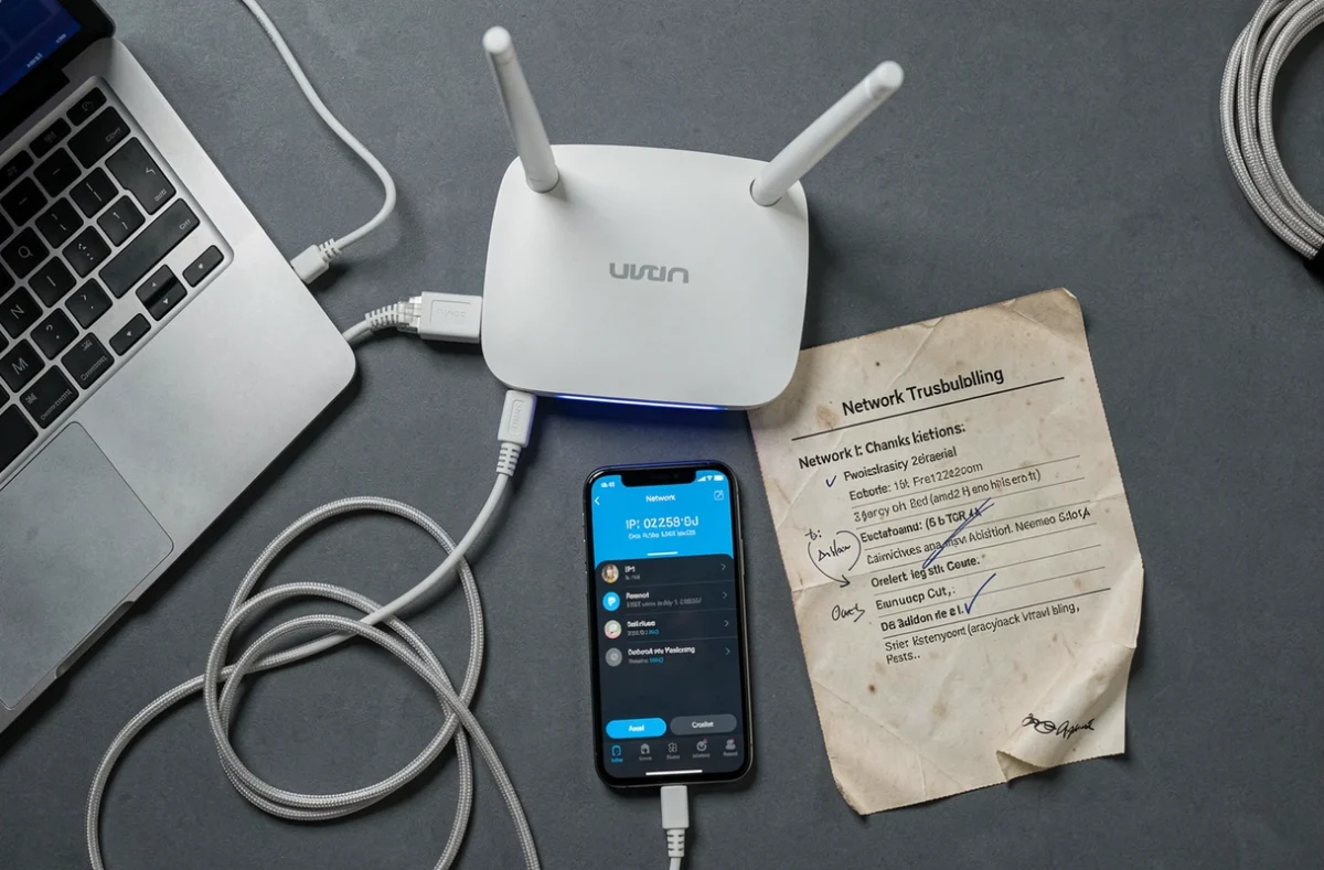 Vue aérienne d'un bureau avec routeur Wi-Fi, câble ethernet, smartphone affichant une configuration IP et une checklist de dépannage réseau