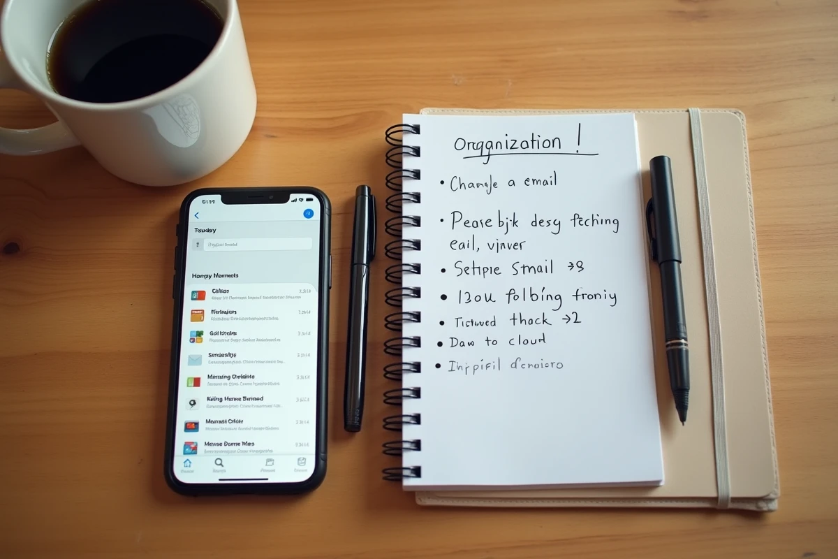 Vue aérienne d'un bureau avec smartphone affichant une messagerie organisée, carnet de notes et café