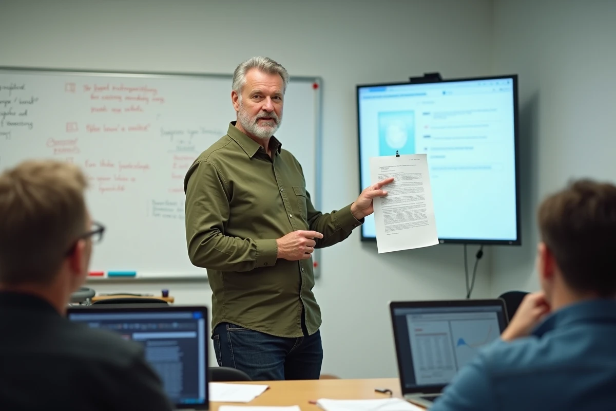 Formateur présentant un cours informatique imprimé lors d'un atelier débutant en salle de classe