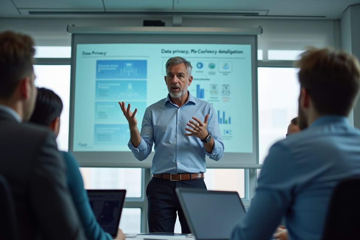 Homme en formation présentation graphique sur la confidentialité