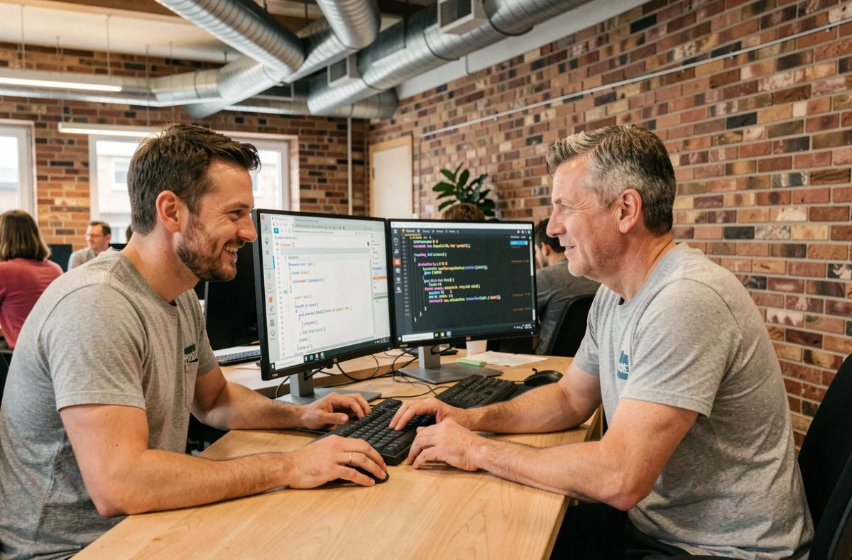 Deux développeurs web de l'agence Galadrim à Nantes en session de revue de code WordPress dans un bureau au style industriel