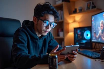 Gamer mobile tenant un téléphone Google Pixel pendant une session de jeu intense dans sa chambre