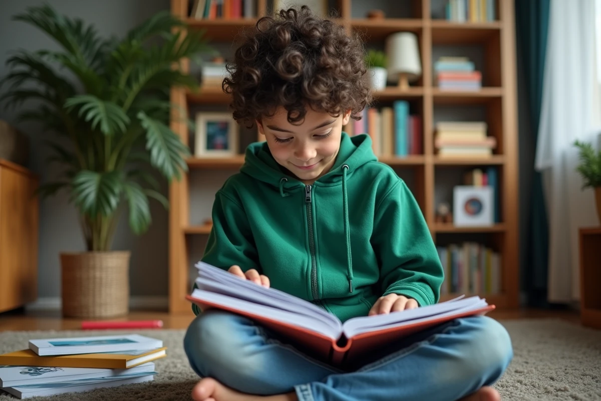 Garçon de 12 ans organise ses livres dans un salon cosy